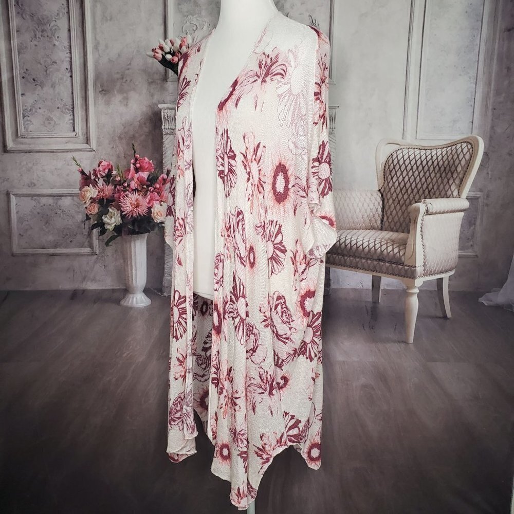 FRESHMAN Floral Open Front Short Sleeve Waterfall Duster Knit Sweater Size XS/S - Picture 4 of 9